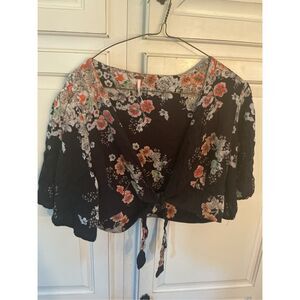 Free People Floral Print Tie Front Crop Tp Sz 10 Short Sleeve